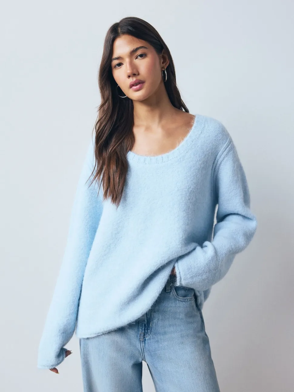 Light Blue Scoop Neck Jumper With Wool