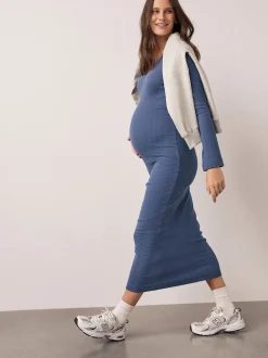 Light Blue Tie Back Ribbed V-Neck Dress