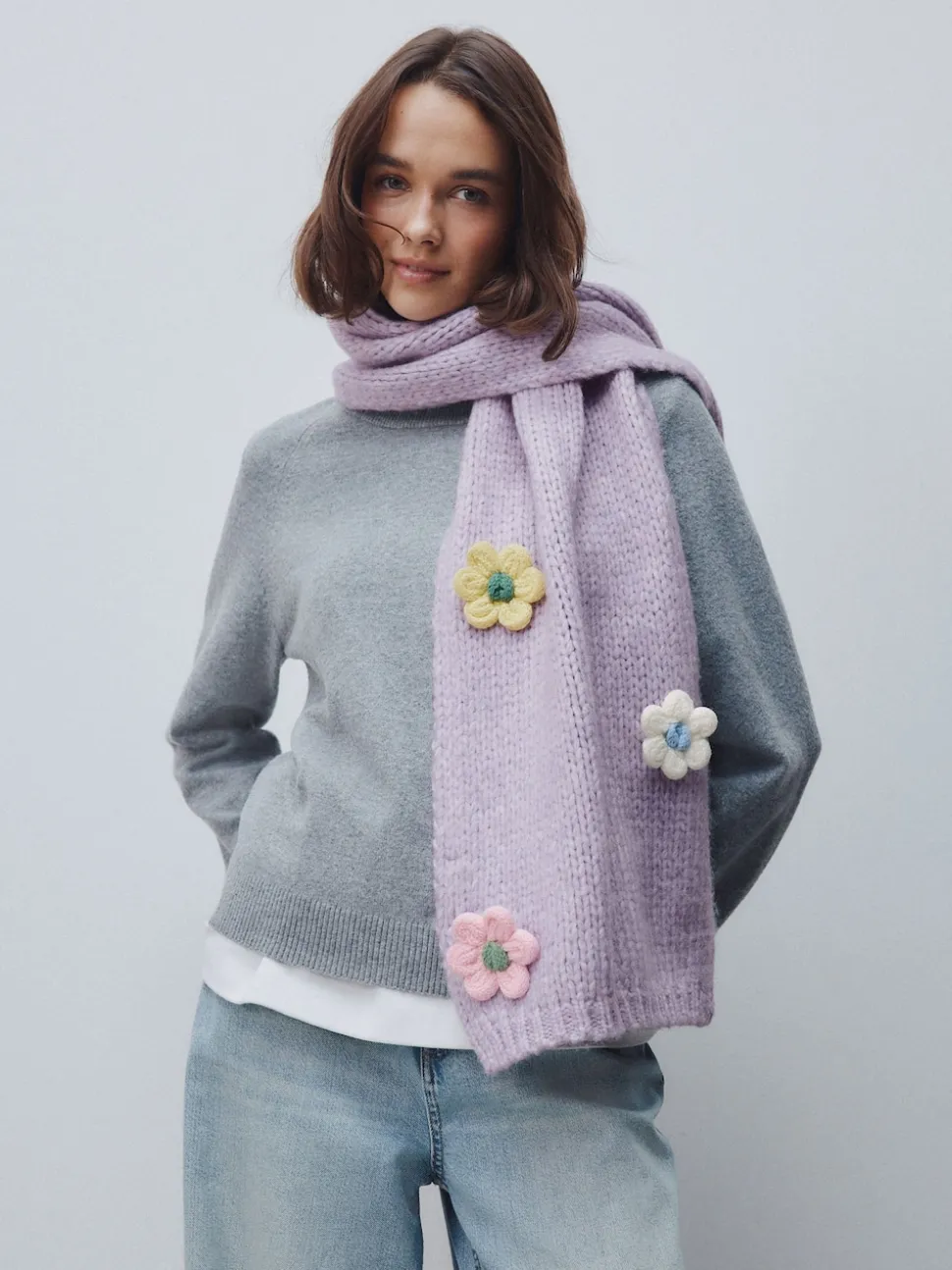 Lilac Flower Hand Knit Heavyweight Scarf