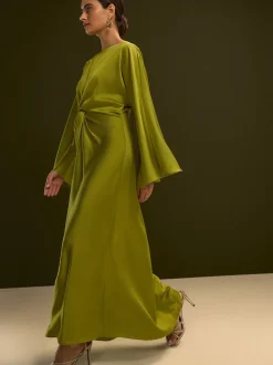 Lime Green Twist Front Long Sleeve Satin Maxi Dress
