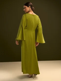 Lime Green Twist Front Long Sleeve Satin Maxi Dress