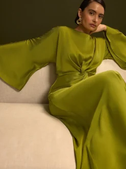 Lime Green Twist Front Long Sleeve Satin Maxi Dress