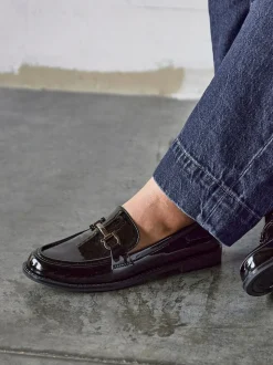 Linzi Black Belle Patent Slip-Ons Leather Loafers With Gold Trim