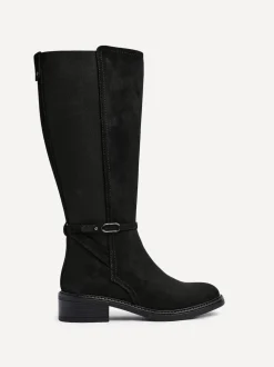 Linzi Black Dark Power High Leg Boots With Stretch Side Panel and Buckle Detail