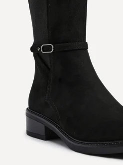 Linzi Black Dark Power High Leg Boots With Stretch Side Panel and Buckle Detail