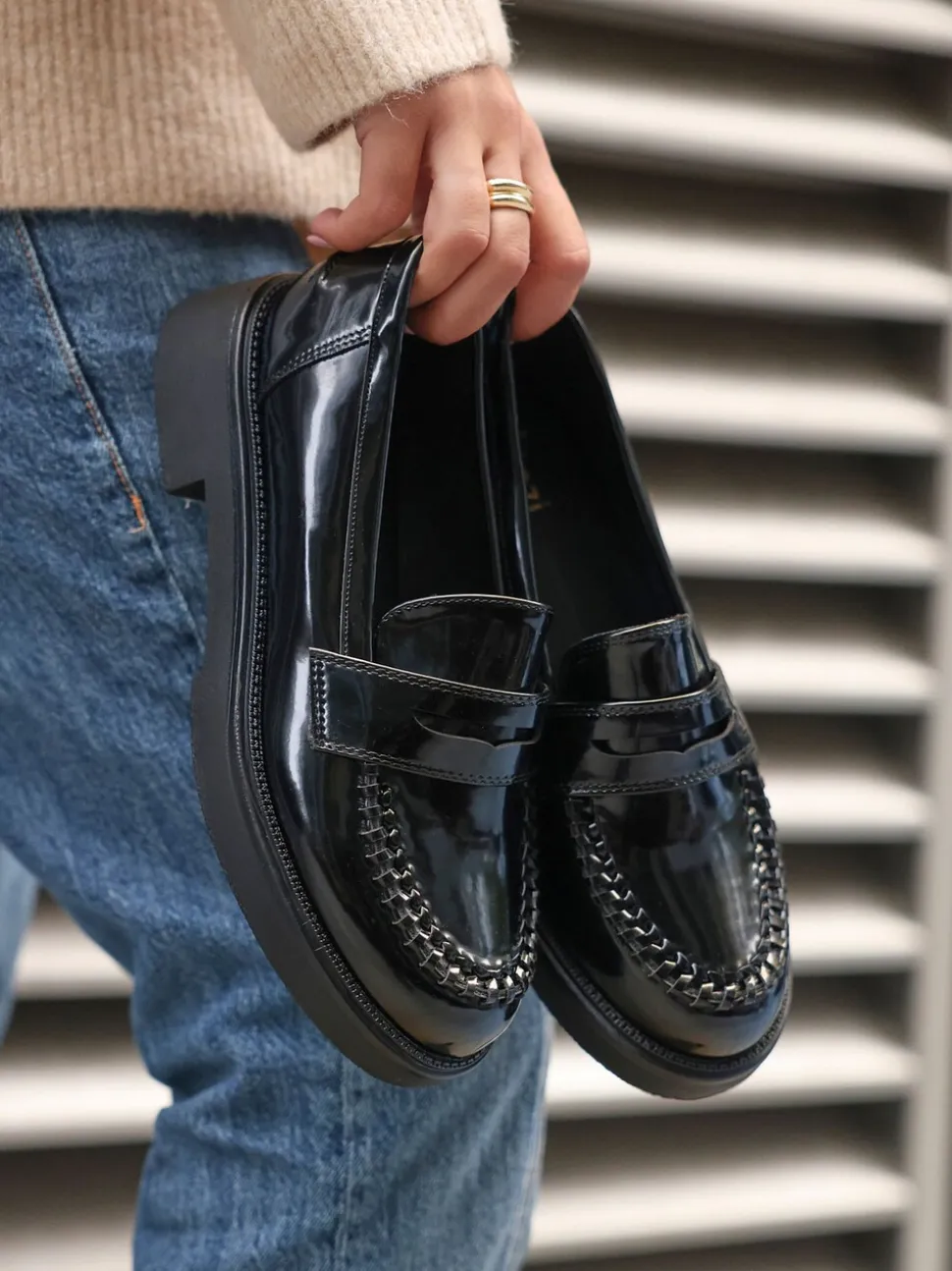 Linzi Black Direction Chunky Loafers With Woven Detail
