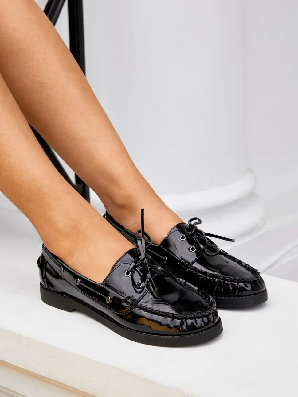 Linzi Black Frame Slip-On Loafers With Ruched Front Detailing