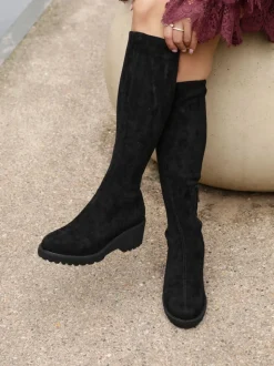 Linzi Black Kortina Brown Suede High Leg Boots With Wedged Heel