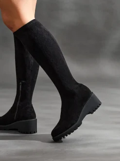 Linzi Black Kortina Brown Suede High Leg Boots With Wedged Heel