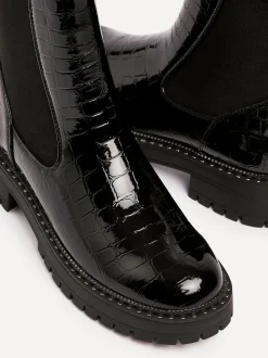 Linzi Black Landon Chunky Croc Mix Ankle Boots With Stud Detail Sole