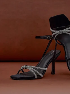Linzi Black Polly Stiletto Heeled Sandals With Diamante Knot Detail