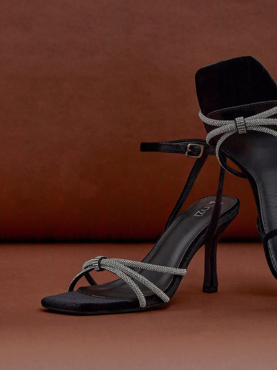 Linzi Black Polly Stiletto Heeled Sandals With Diamante Knot Detail