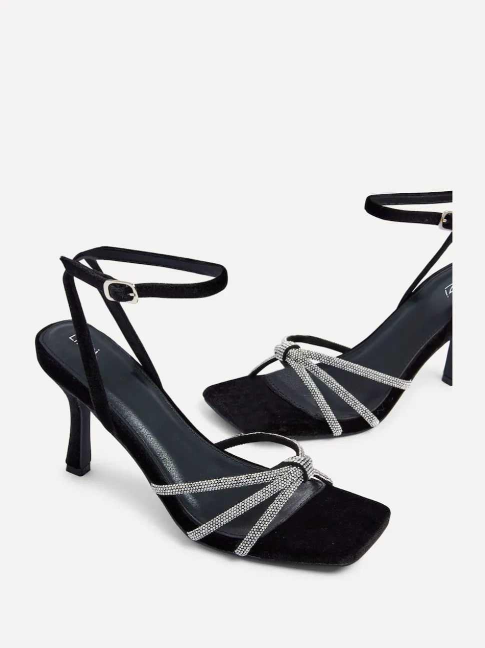 Linzi Black Polly Stiletto Heeled Sandals With Diamante Knot Detail