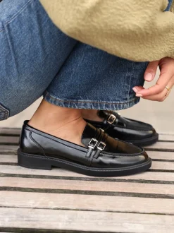 Linzi Black Portland Loafers With Double Buckle Detail