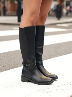 Linzi Black Power High Leg Boots With Stretch Side Panel and Buckle Detail