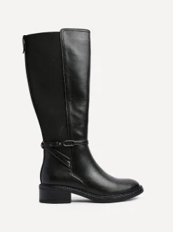 Linzi Black Power High Leg Boots With Stretch Side Panel and Buckle Detail