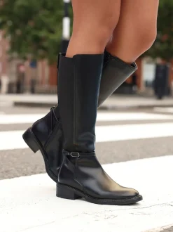 Linzi Black Power High Leg Boots With Stretch Side Panel and Buckle Detail