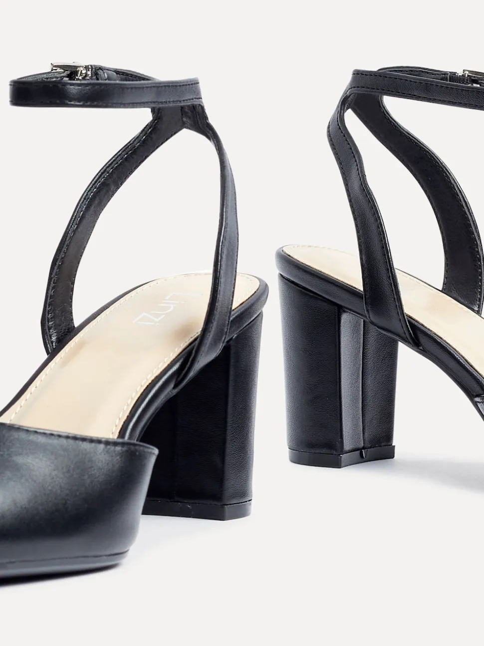 Linzi Black PU Rendall Open Back Block Heeled Court Shoes