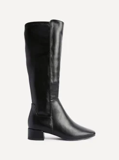 Linzi Black PU Revolve Stretch High Leg Boot With Low Block Heel