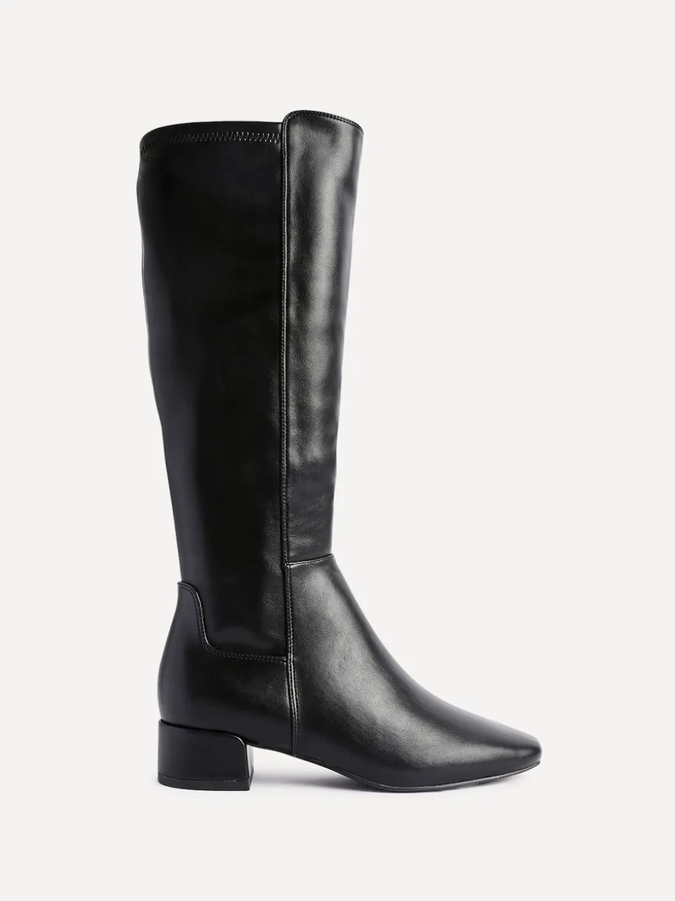 Linzi Black PU Revolve Stretch High Leg Boot With Low Block Heel