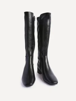 Linzi Black PU Revolve Stretch High Leg Boot With Low Block Heel