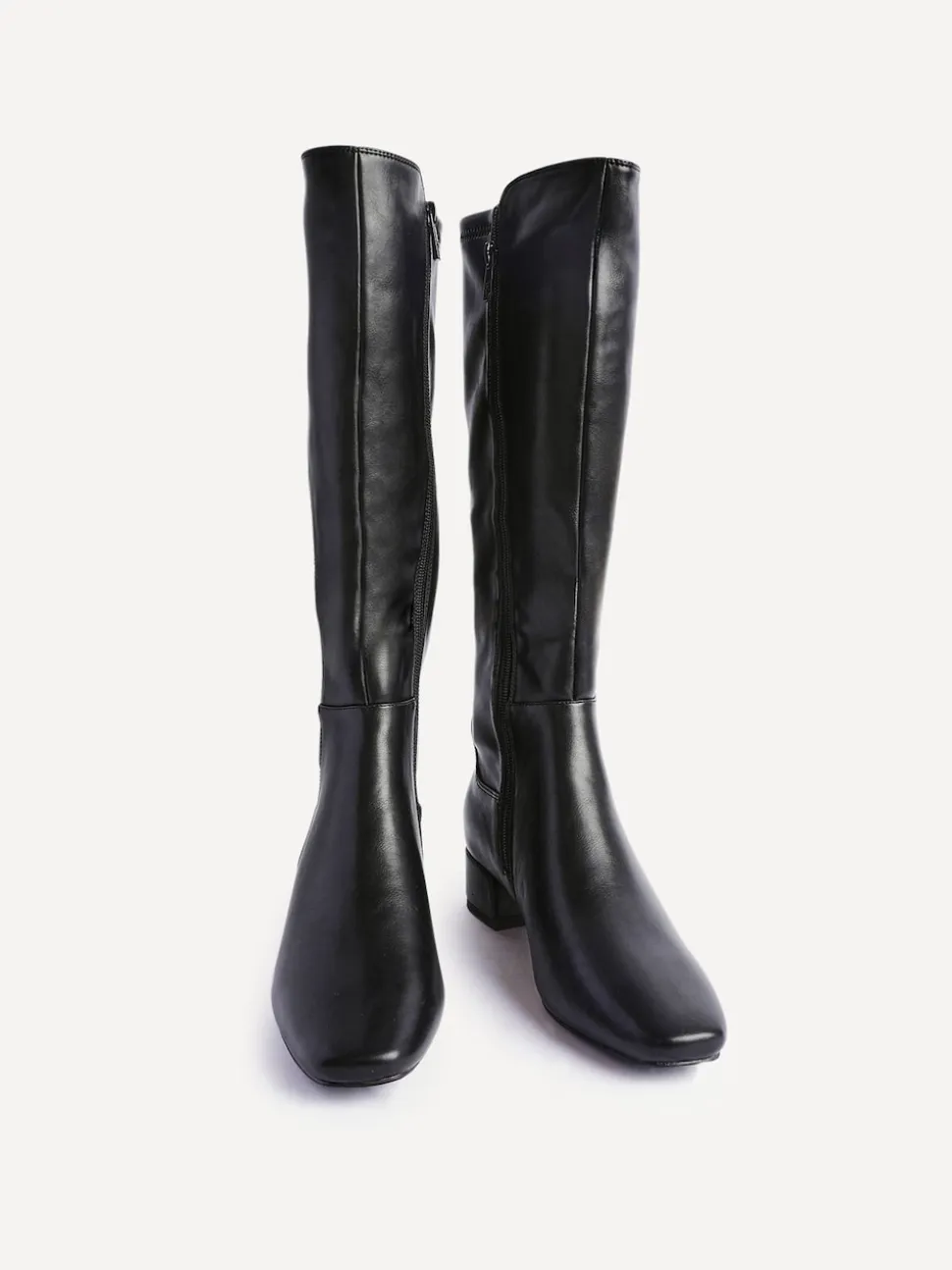 Linzi Black PU Revolve Stretch High Leg Boot With Low Block Heel