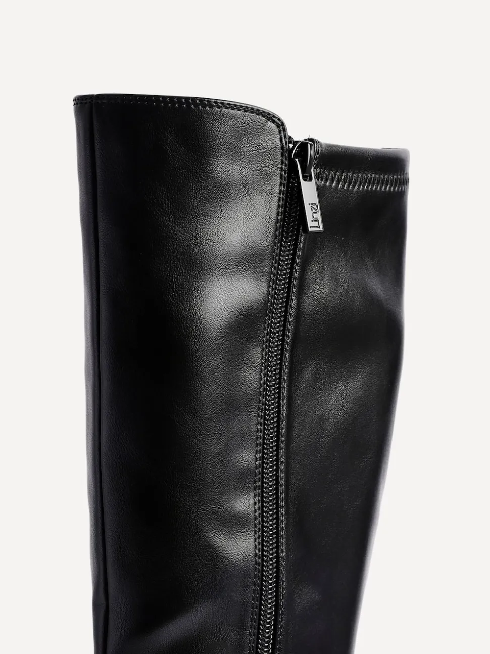 Linzi Black PU Revolve Stretch High Leg Boot With Low Block Heel