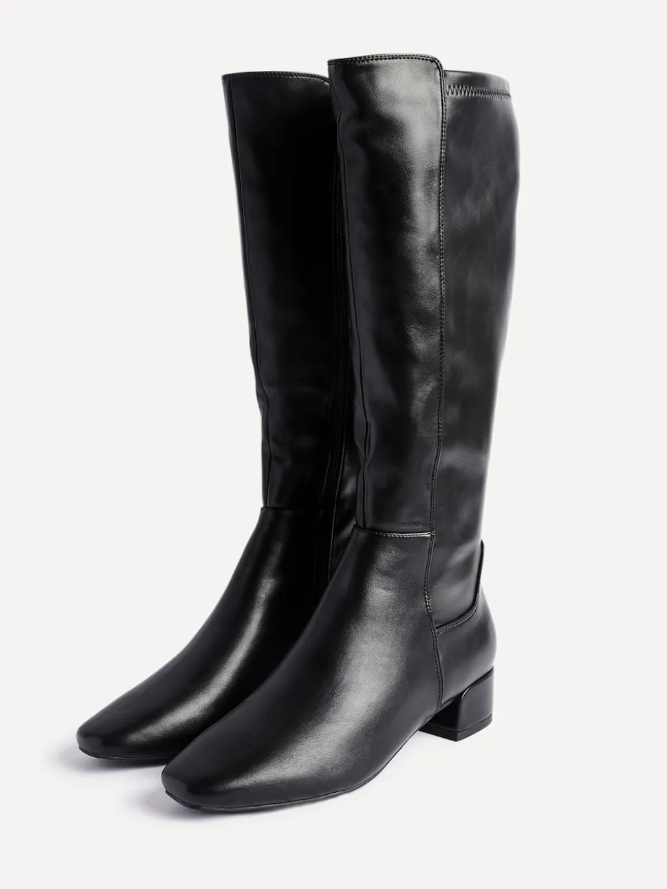 Linzi Black PU Revolve Stretch High Leg Boot With Low Block Heel