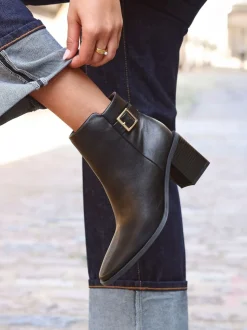 Linzi Black Rise Block Heeled Ankle Boots With Buckle Detail