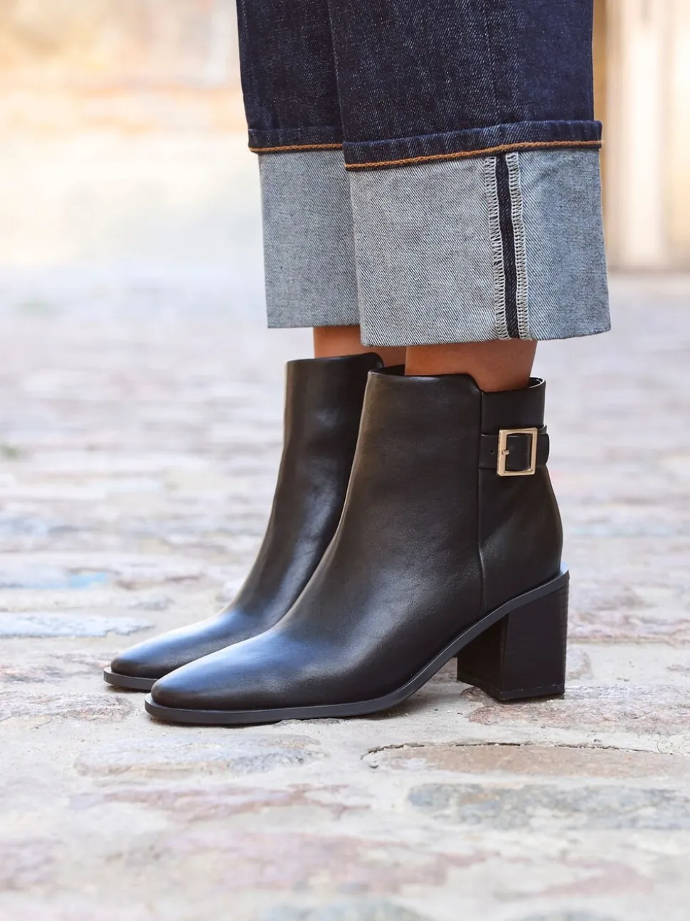 Linzi Black Rise Block Heeled Ankle Boots With Buckle Detail