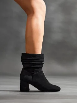 Linzi Black Wide Fit Zayda Ruched Heeled Ankle Boots