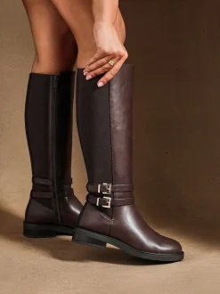 Linzi Brown Fierce High Leg Boots With Double Buckle Detail