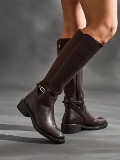 Linzi Brown Power High Leg Boots With Stretch Side Panel and Buckle Detail