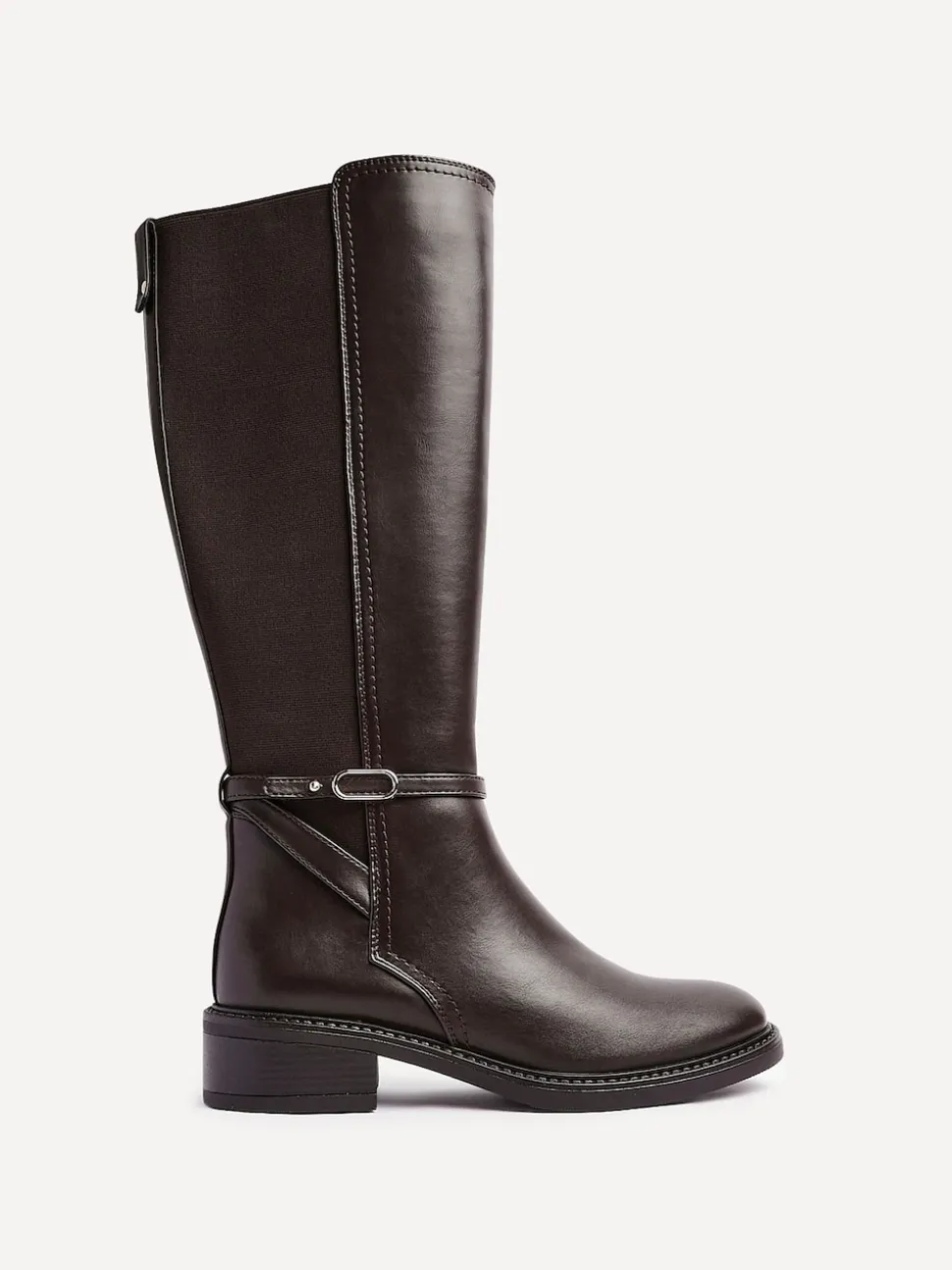 Linzi Brown Power High Leg Boots With Stretch Side Panel and Buckle Detail
