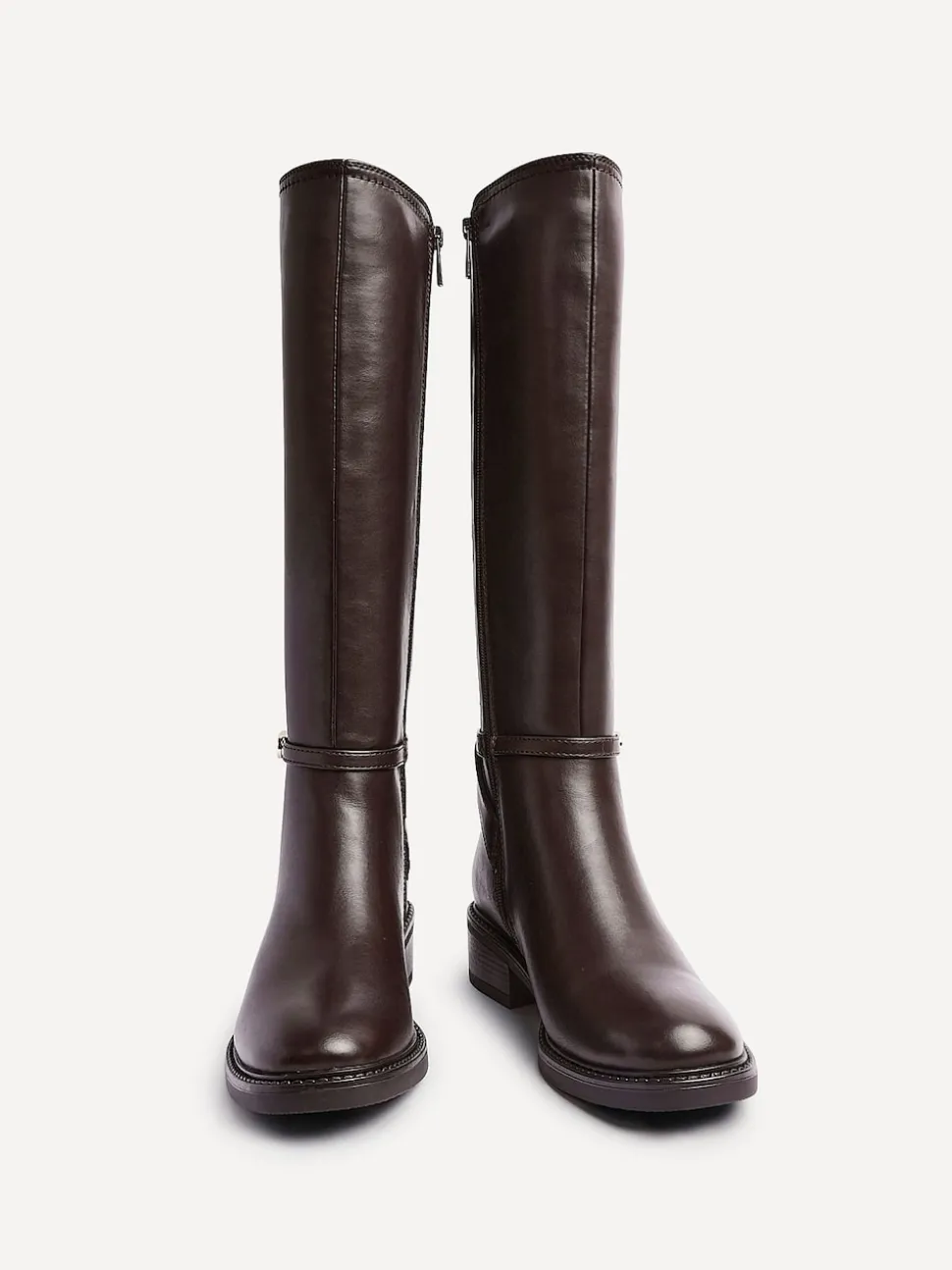 Linzi Brown Power High Leg Boots With Stretch Side Panel and Buckle Detail