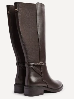 Linzi Brown Power High Leg Boots With Stretch Side Panel and Buckle Detail
