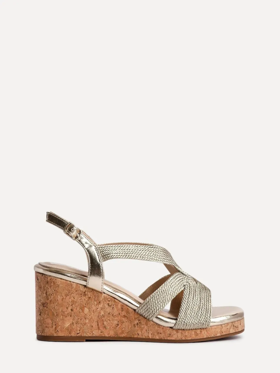 Linzi Gold Destined Cork Wedges With Crossover Textured Straps