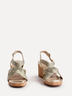 Linzi Gold Destined Cork Wedges With Crossover Textured Straps