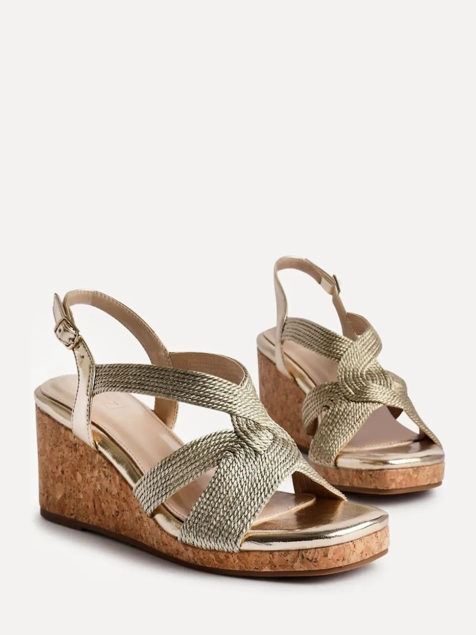 Linzi Gold Destined Cork Wedges With Crossover Textured Straps