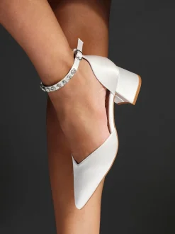 Linzi Ivory Bridal Jordanna Low Block Court Heels With Embellished Ankle Strap