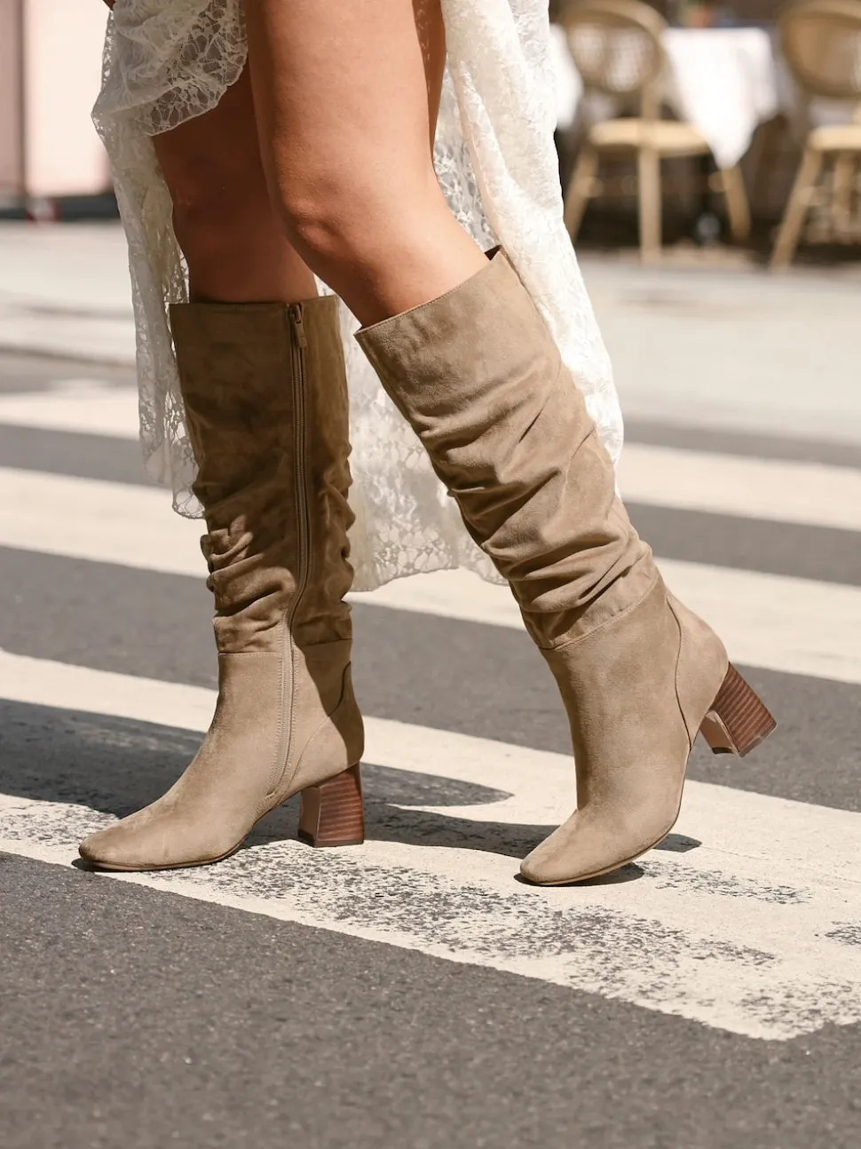 Linzi Mocha Alpine Ruched High Leg Boots