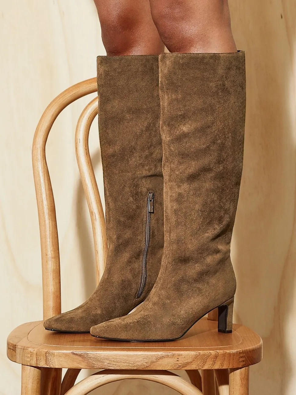 Linzi Natural High Leg Uptown Slim Block Heel High Leg Boots