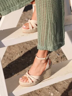 Linzi Nude Goddess Wedge Sandals With Knotted Front Straps