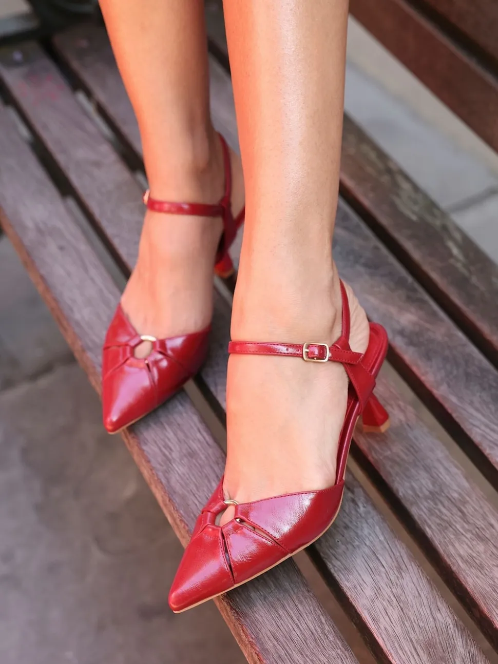 Linzi Red Pivot Stiletto Court Heels With Eyelet Front Detail