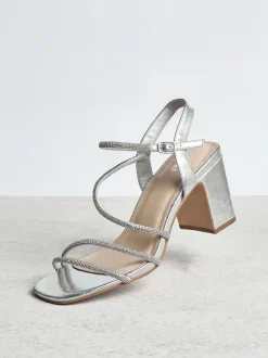 Linzi Silver Kira Strappy Diamante Block Heeled Sandals
