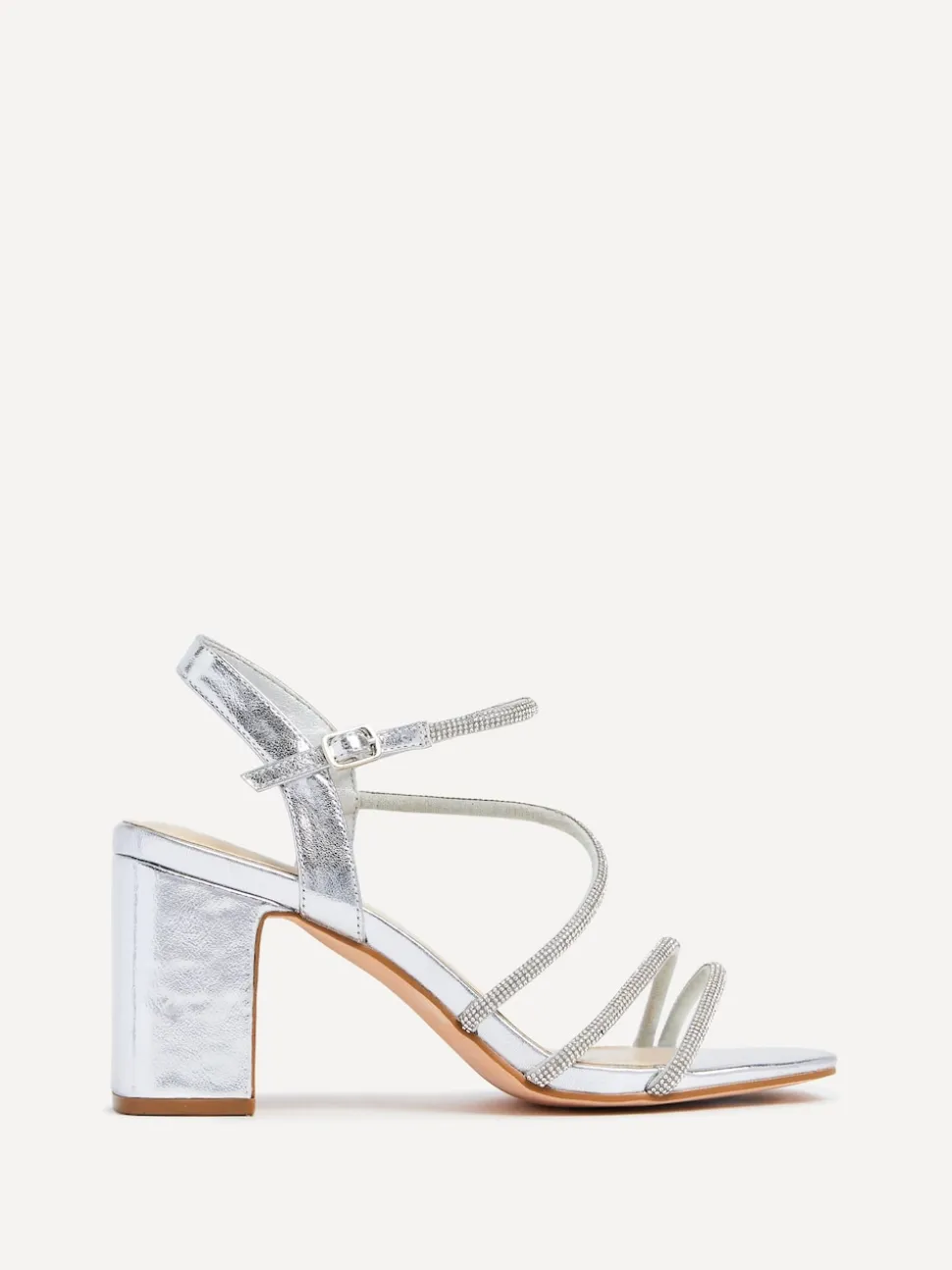 Linzi Silver Kira Strappy Diamante Block Heeled Sandals