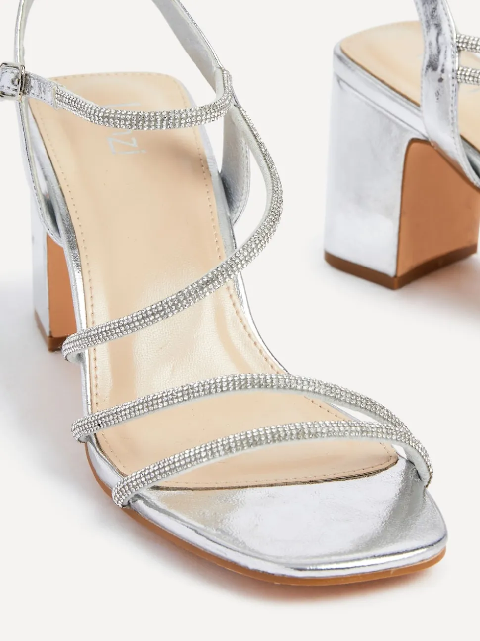 Linzi Silver Kira Strappy Diamante Block Heeled Sandals