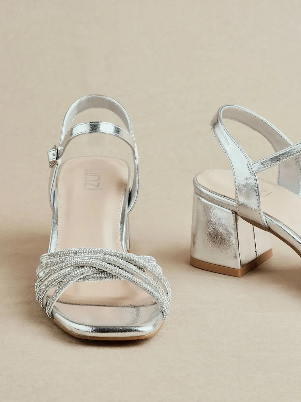 Linzi Silver Strictly Wide Fit Diamante Crossover Heeled Sandals