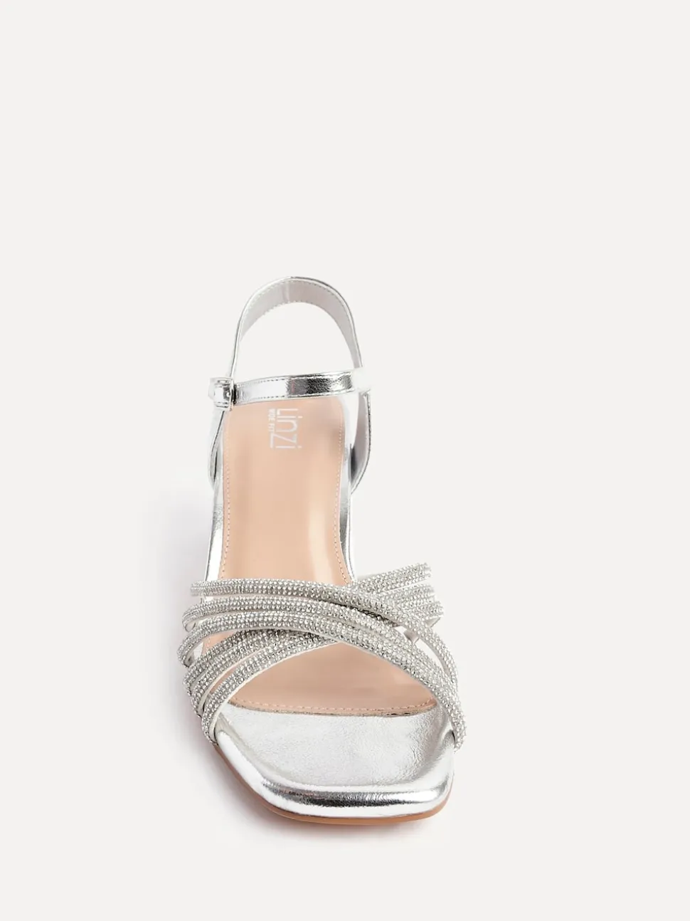 Linzi Silver Strictly Wide Fit Diamante Crossover Heeled Sandals