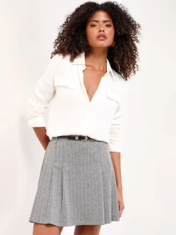 Lipsy Belted Grey Check Pleated Mini Skirt